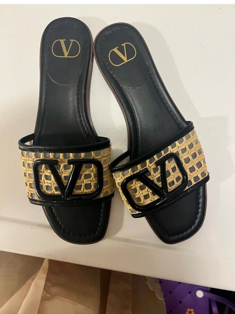 Valentino Black Leather Slides with Natural Raffia Weave and Black V Logo